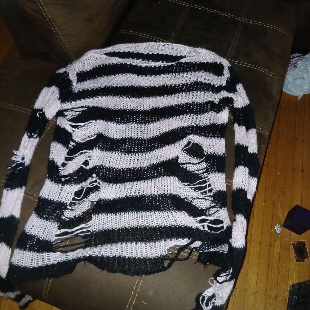 Killstar Striped Black and Pink Distressed Sweater